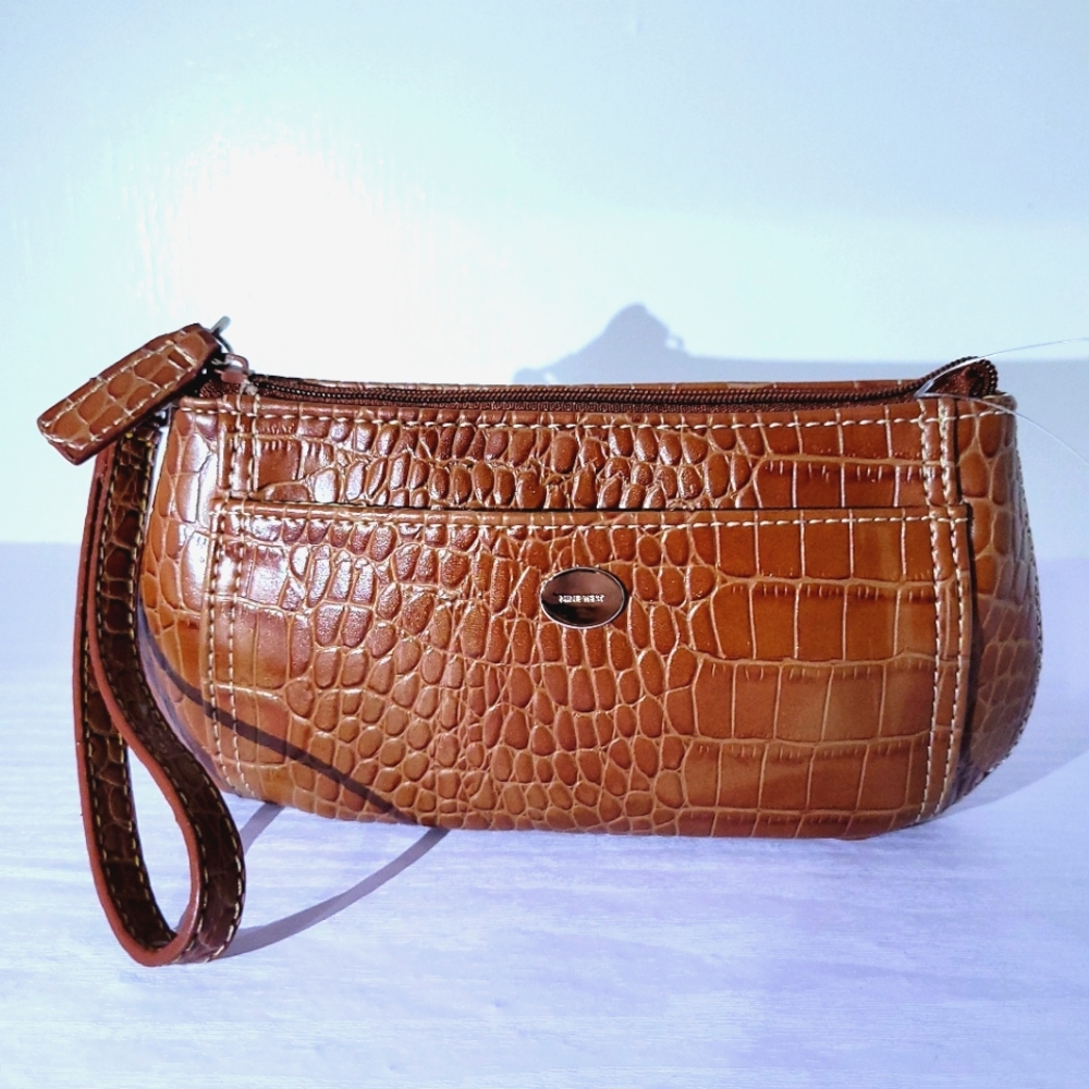 Nine West Wallet Brown Crocodile Embossed Top Zip Wrist Strap With a Mirror NWOT